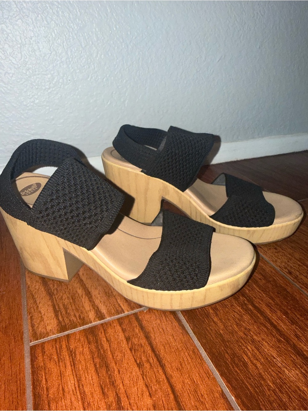 Dr. Scholl's Black Knit Platform Sandals with Wood-Look Block Heel